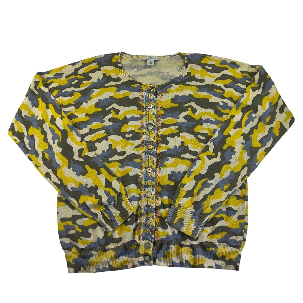 Sundance Camo Print Cardigan Sweater Colorful‎ Embroidered Trim Womens Small